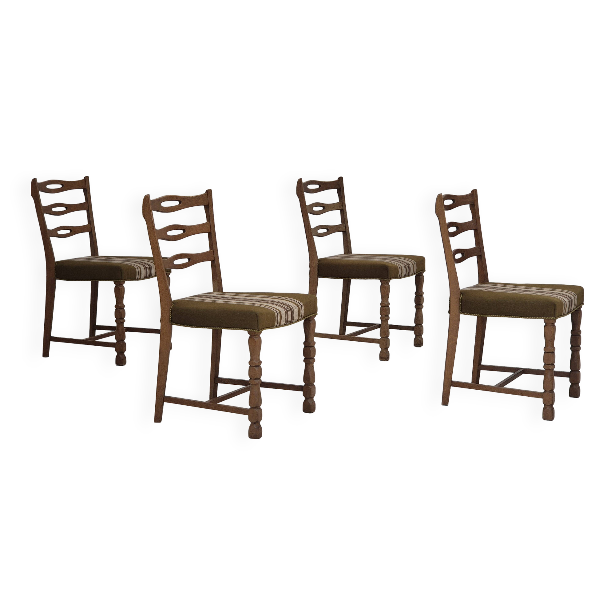 1970s, set of 4 Danish dining chairs in oak wood, green furniture wool.