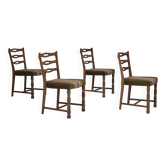 Années 1970, ensemble de 4 chaises de salle à manger danoises en bois de chêne, laine d'ameublement verte.