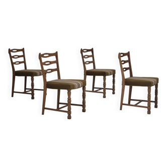 1970s, set of 4 Danish dining chairs in oak wood, green furniture wool.
