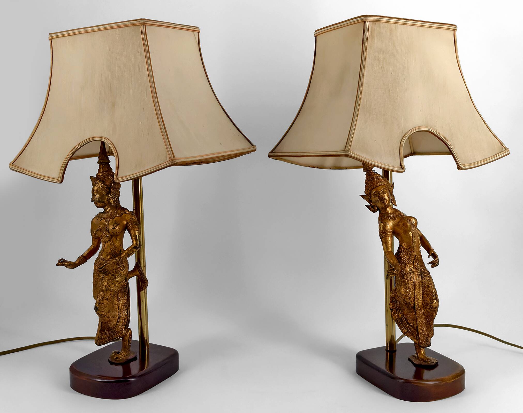 Pair of Sculptural Lamps in Gilt Bronze, Thai Dancers, 20th Century