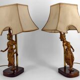 Paire de Lampes Sculpturales en Bronze Doré, Danseuses Thaïs, XXe