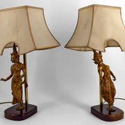 Paire de Lampes Sculpturales en Bronze Doré, Danseuses Thaïs, XXe