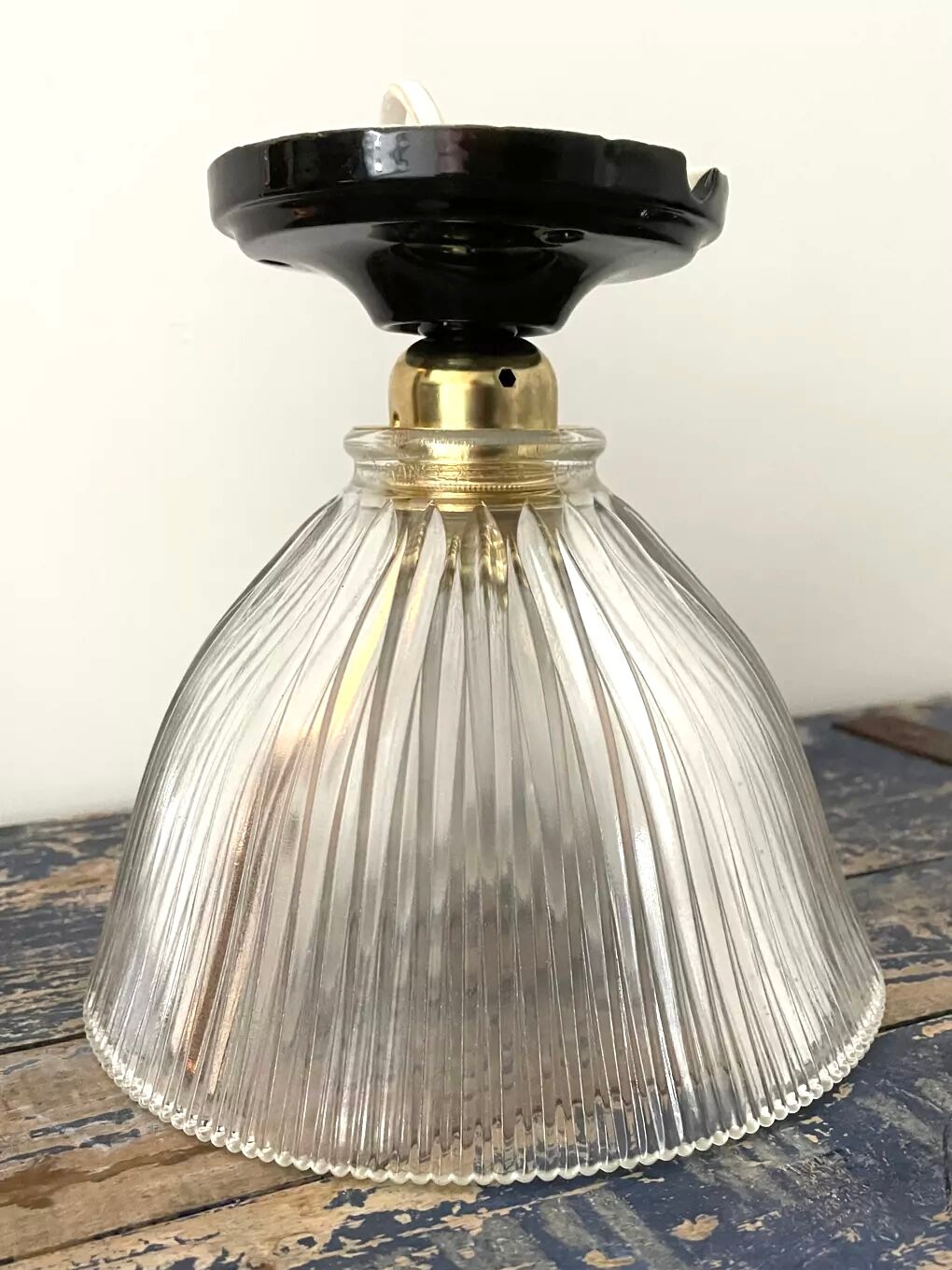 Vintage holophanous glass ceiling lamp