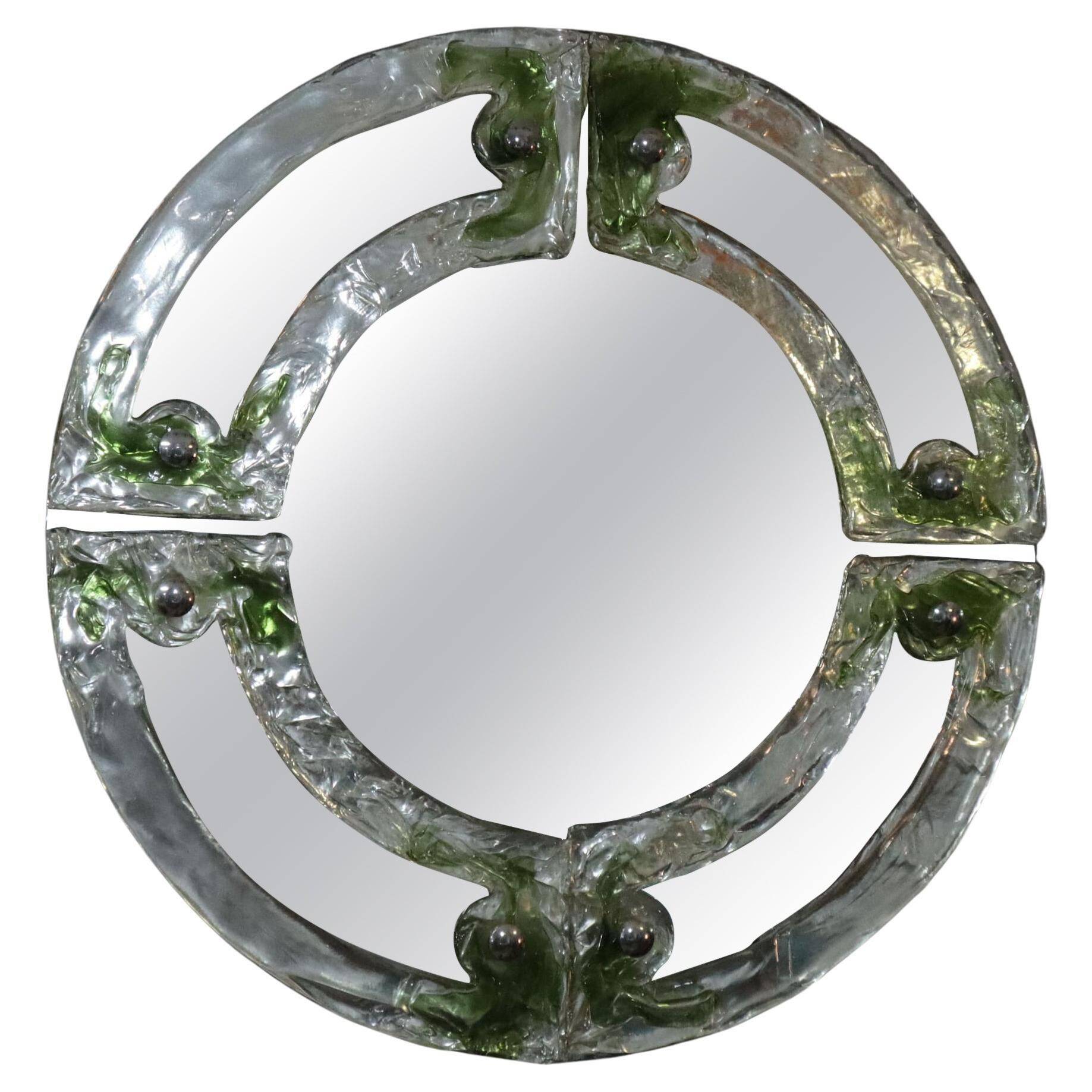 Mid-century round green Murano glass Italian mirror by Mazzega, 1960s
