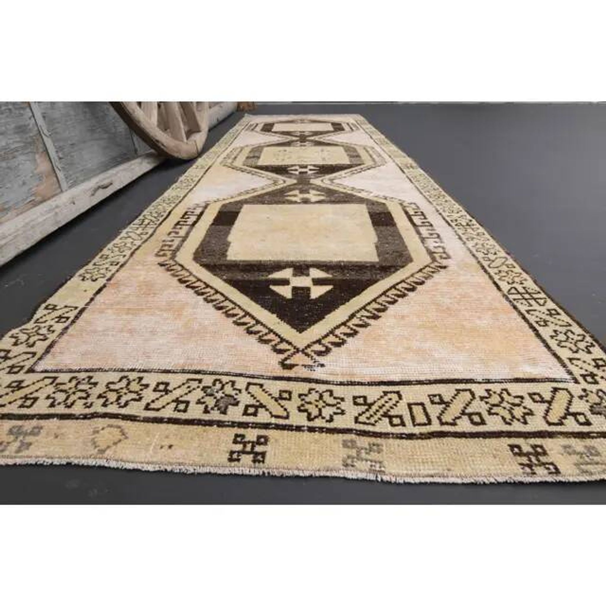 1970s Vintage Turkish Hand-Knotted Wool Cotton Beige Runner Rug  103x374