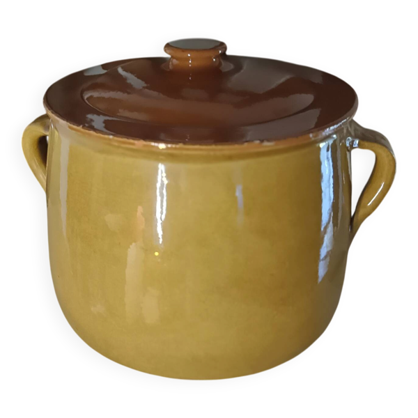Marmite / Faitout vintage en terre cuite émaillée avec couvercle (21 x