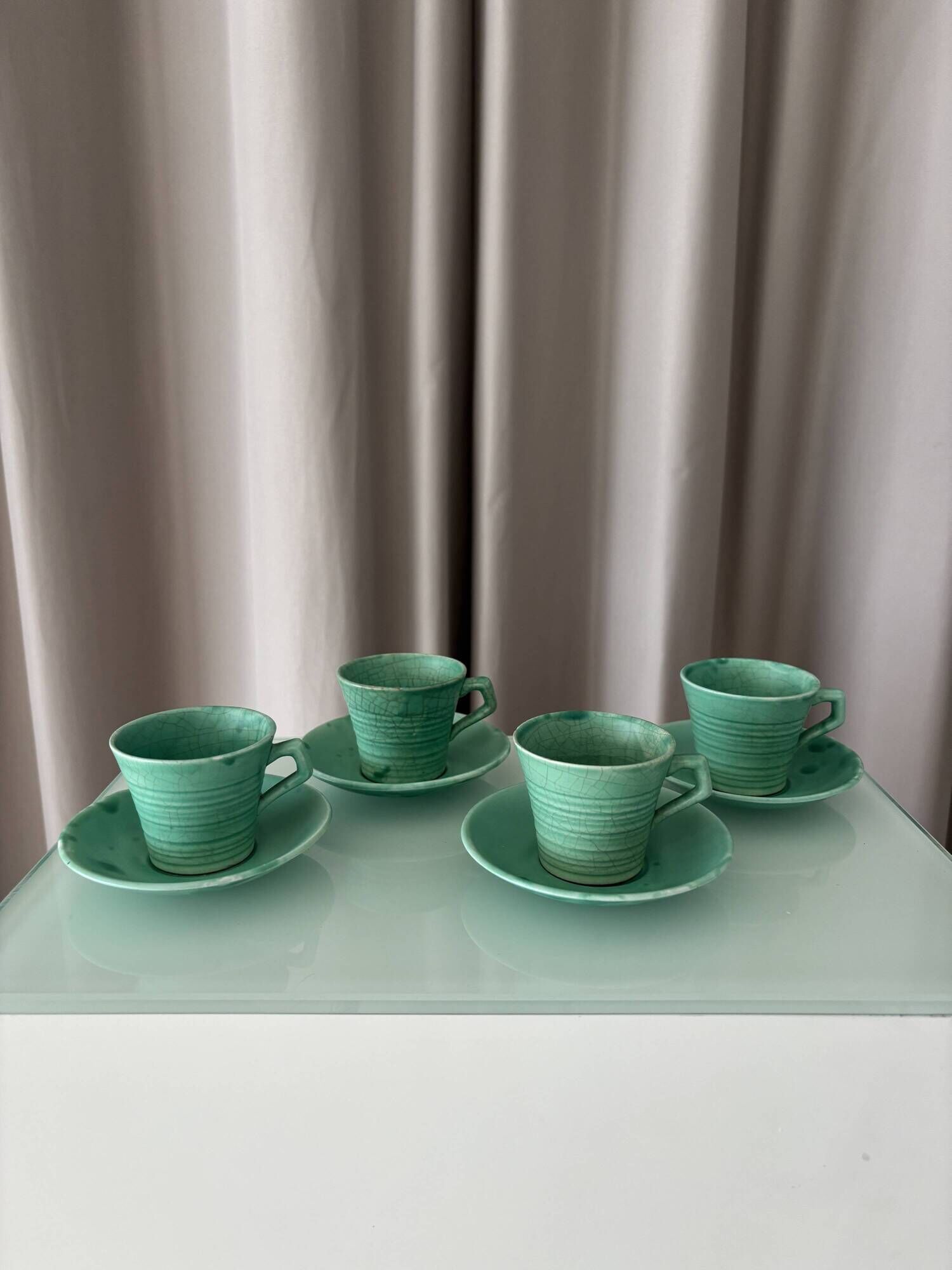 Set of 4 Vintage Jade Green Studio Pottery Espresso Cups & Saucers – Hand G