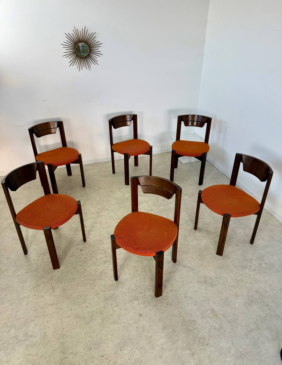 Set of 6 Girsberger Scandinavian style chairs from the 70s, vintage, solid wood, original fabric