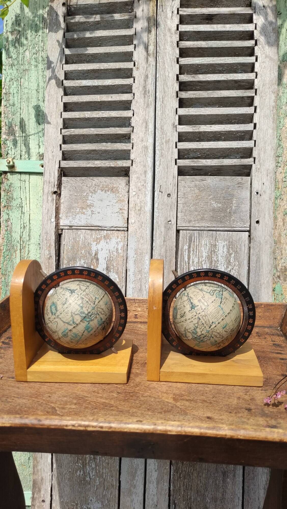 Pair of greenhouses vintage wooden books world map