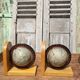 Pair of greenhouses vintage wooden books world map