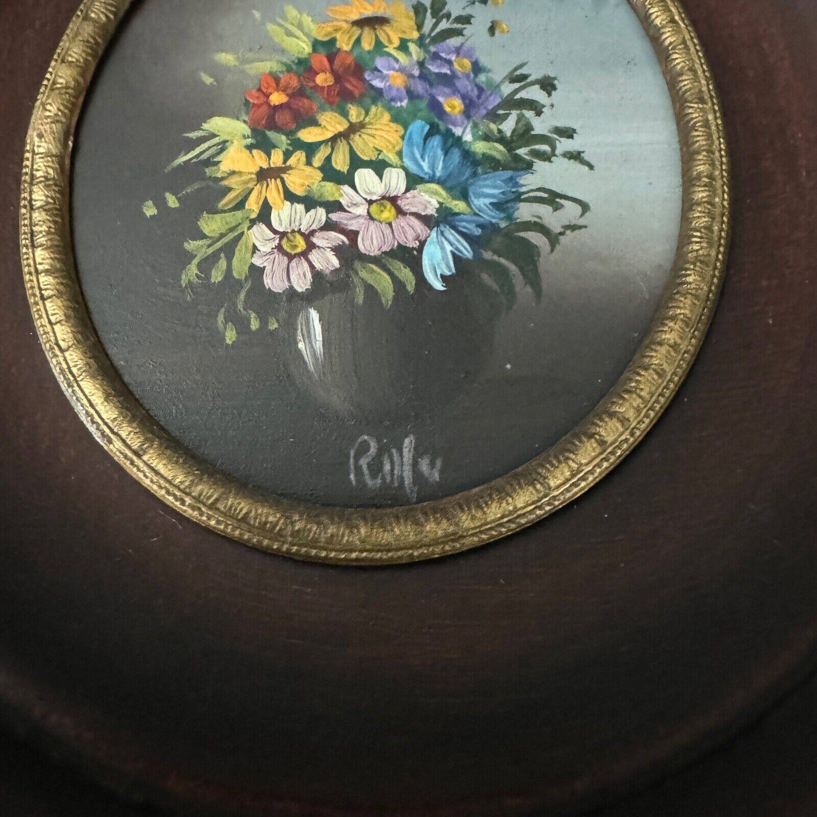 Miniature hand painted by Rolu bouquet of flowers mid 20th century wooden frame