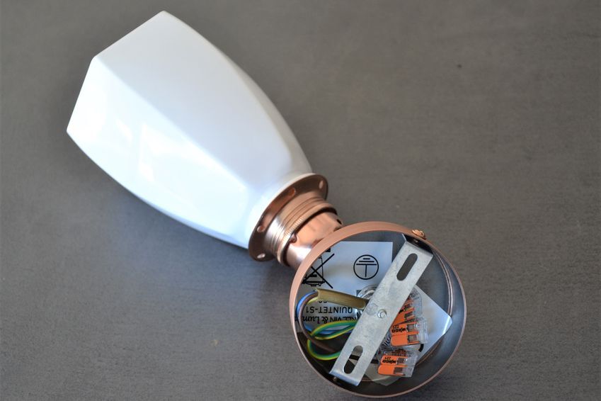 Original articulated wall lamp in white opaline and copper support