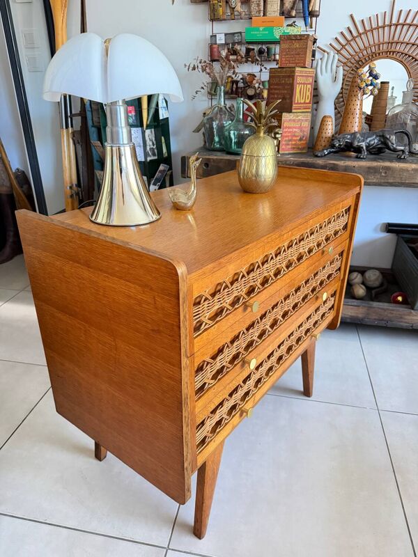 Commode bois et rotin vintage pieds compas
