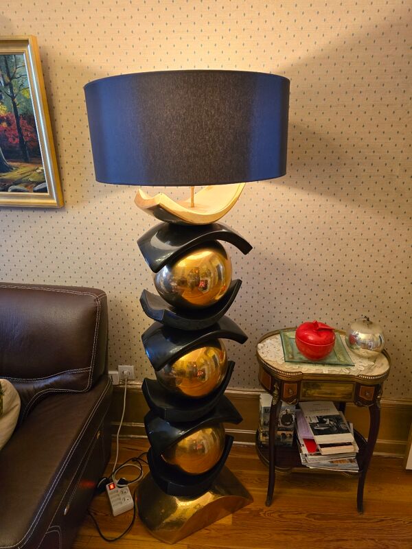 François Chatain – Grand lampadaire sculptural 1m70 “Sphères & Arcs”,