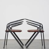 Set of 4 1970s design dining chairs with leather seats and metal frame