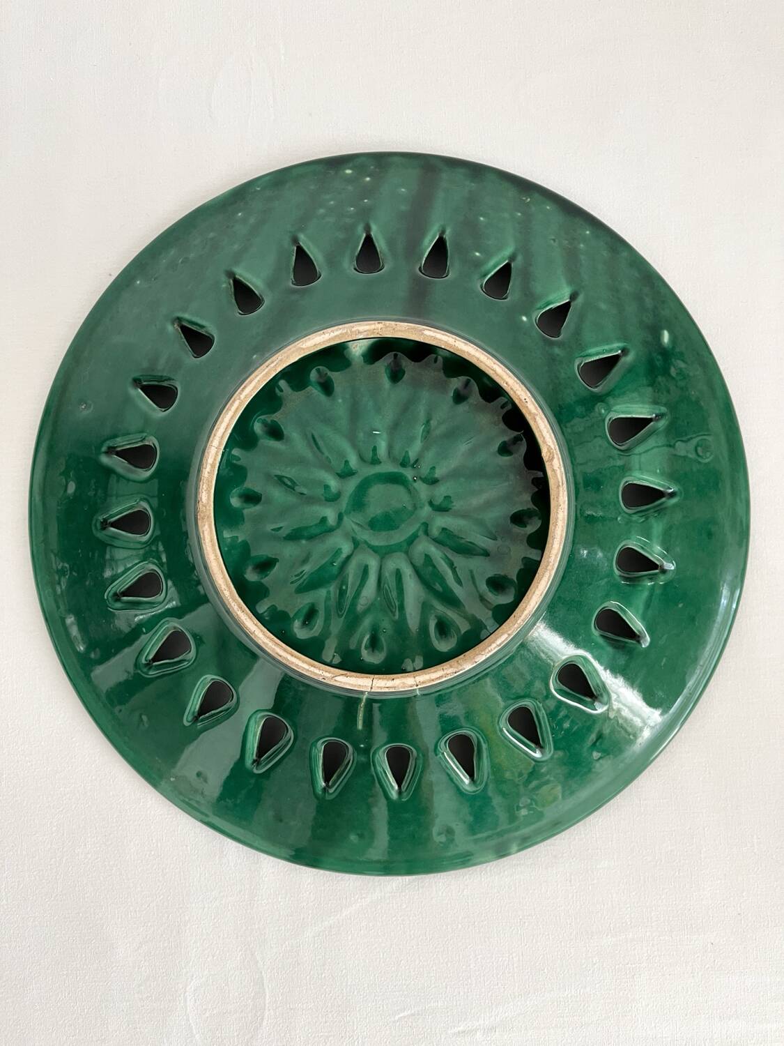 Vintage openwork green ceramic fruit bowl