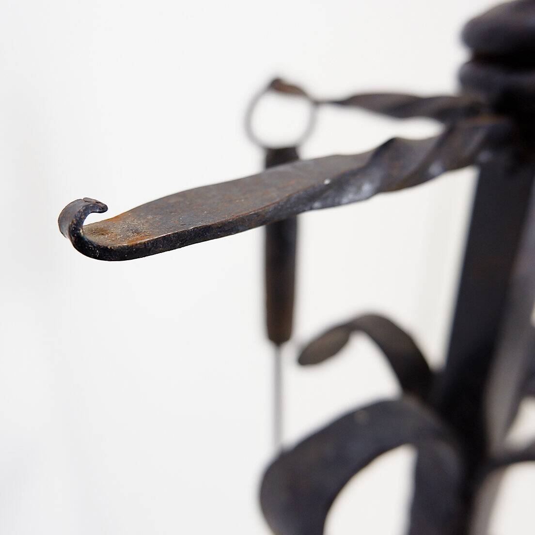 Large Wrought Iron Hammered Fireplace Tool Set: H 127cm