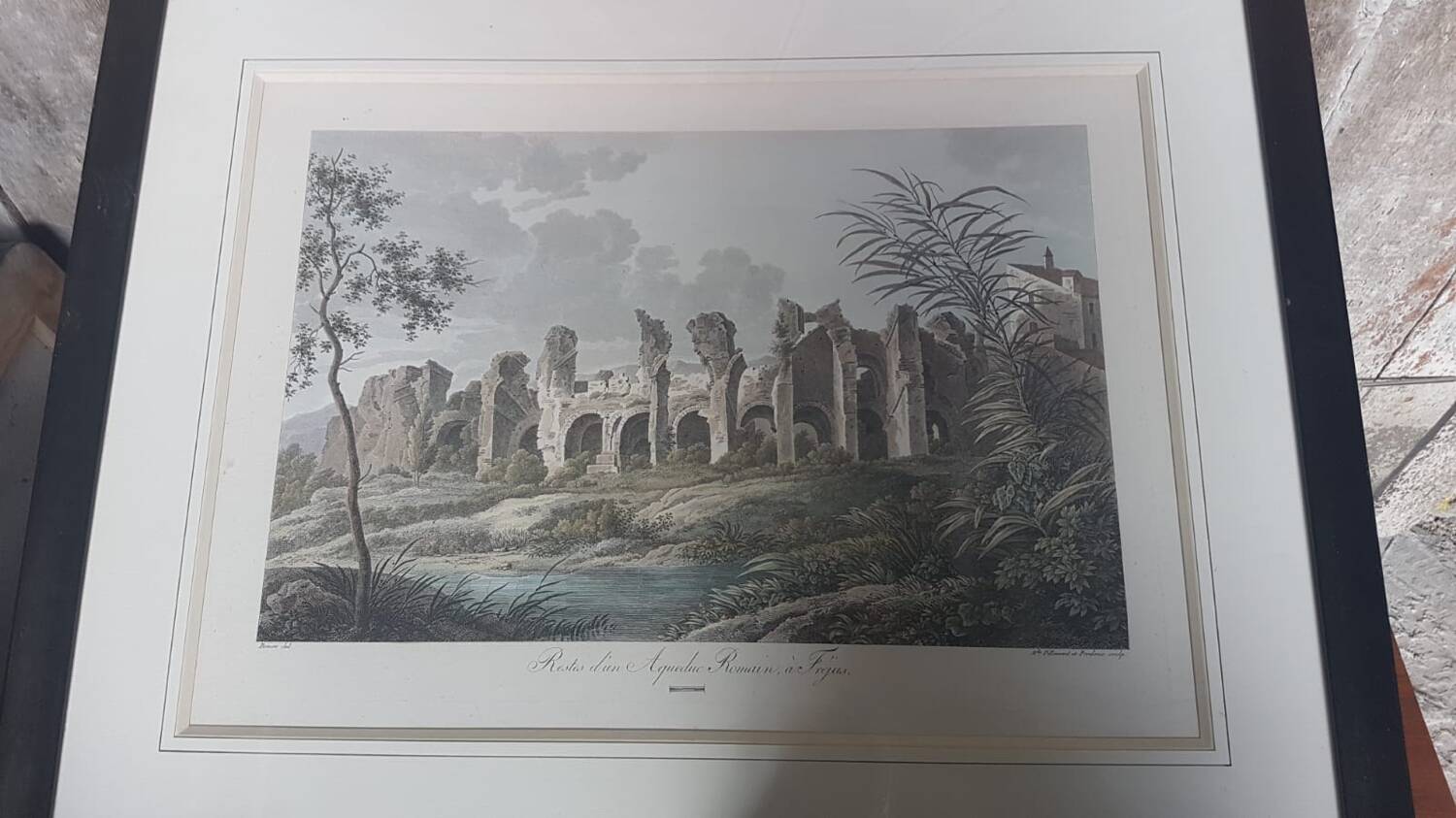 Old Color Lithograph “Roman Aqueduct Fréjus” + Black Wood Frame #A686