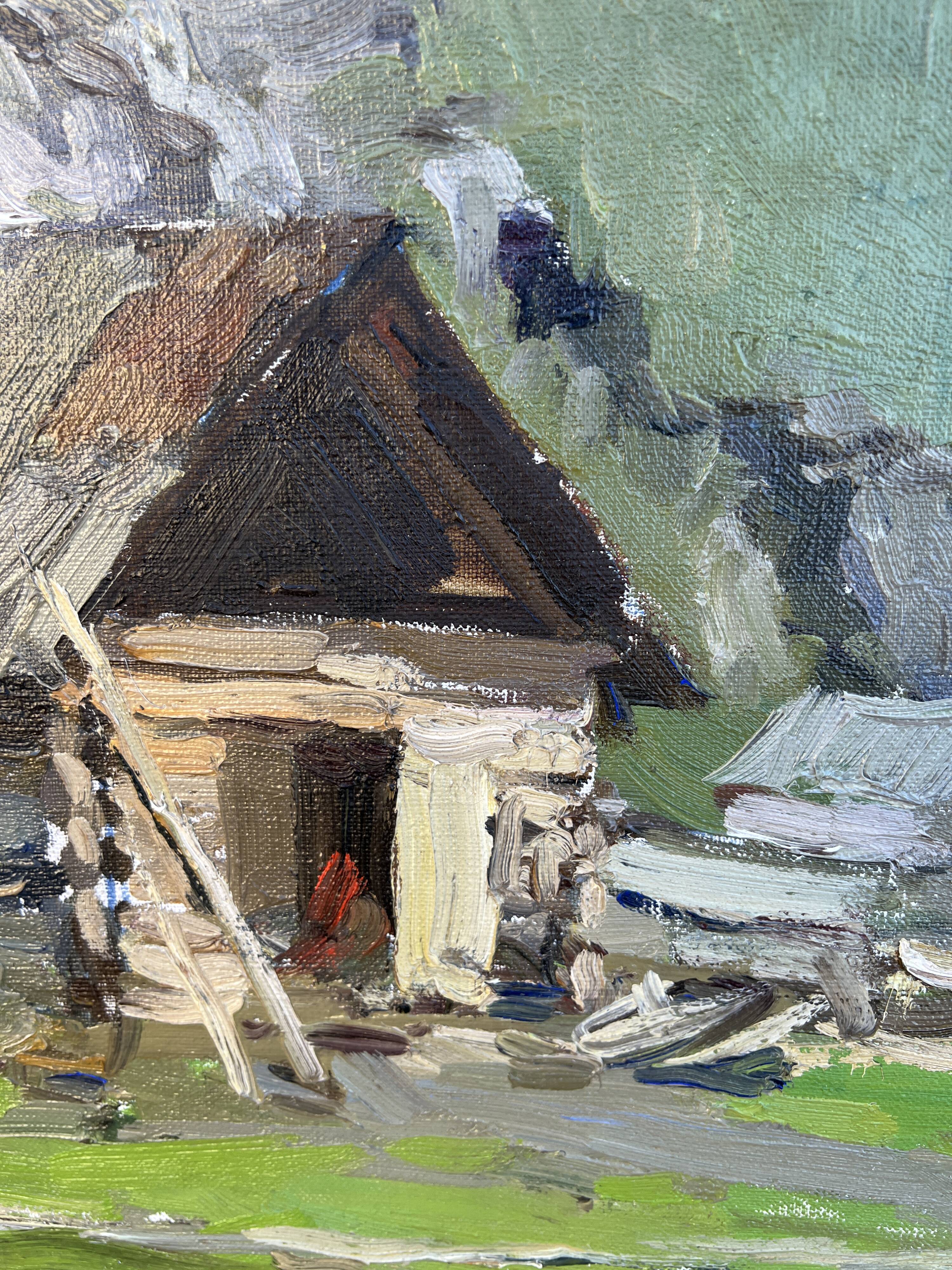 Oil-on-canvas painting The Blacksmith's Workshop 1956 signed by Fomine