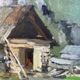 Oil-on-canvas painting The Blacksmith's Workshop 1956 signed by Fomine