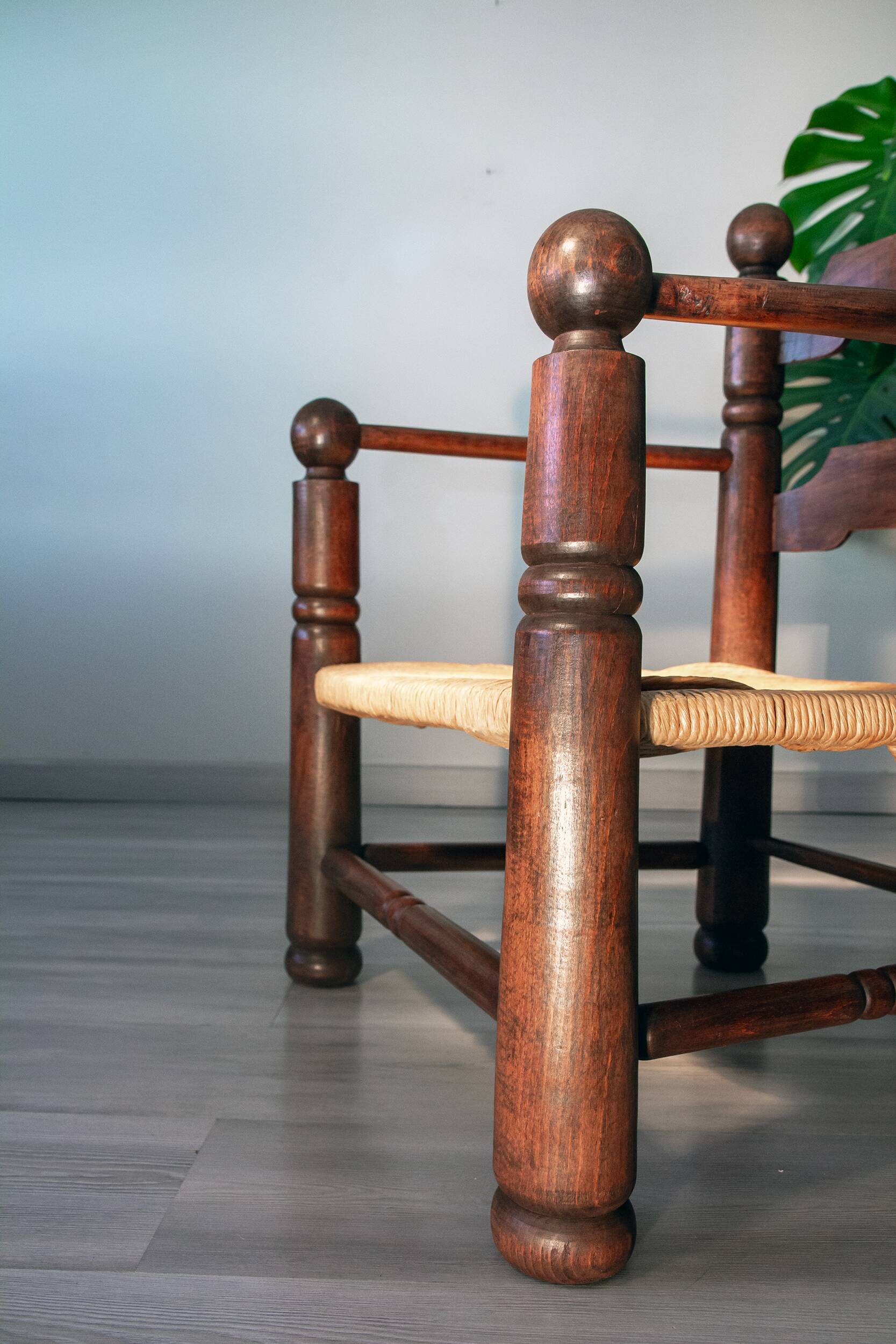 Oak and rush armchair, brutalist style, Charles Dudouyt, 1940s