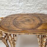 Audoux Minet duo table with bamboo rattan and smoked glass armchairs