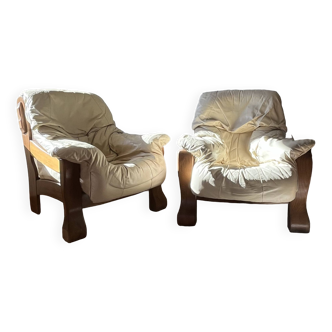 Pair of brutalist leather armchairs from the 50s/60s
