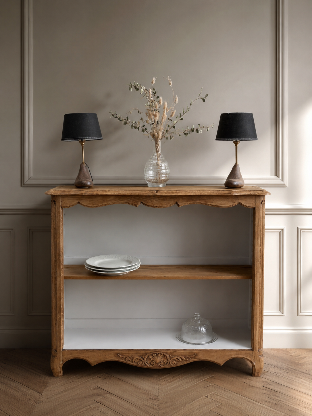 Old oak library with pearl grey interior.