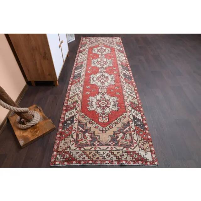 Vintage Turkish Oushak Handmade Wool Cotton Red Runner 95x301