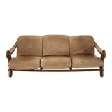 1970s Brutalist Dutch Oak and Leather 3 Seater Sofa