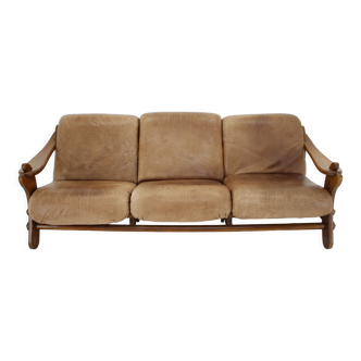 1970s Brutalist Dutch Oak and Leather 3 Seater Sofa