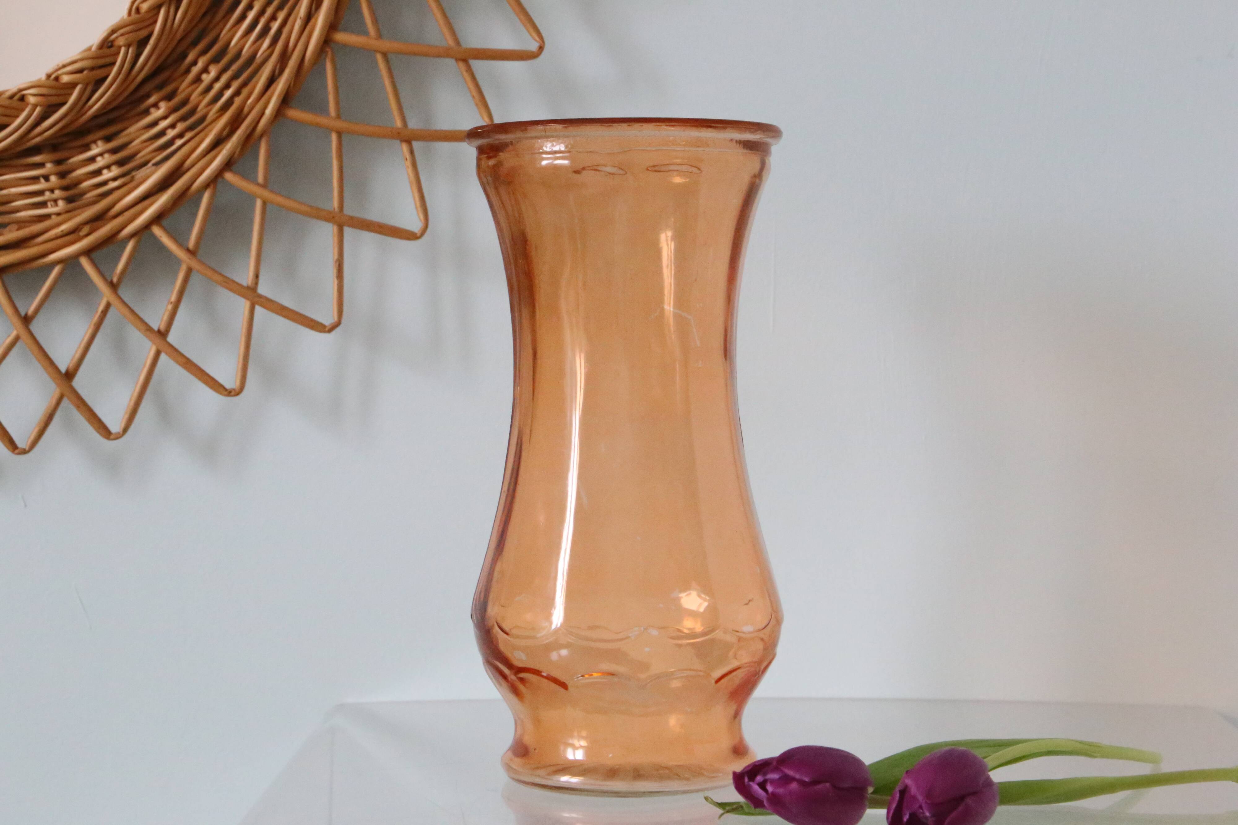 Large glass vase, apricot, French vintage, authentic