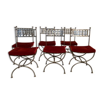 6 chaises curule en fer forgé avec assise en velours rouge