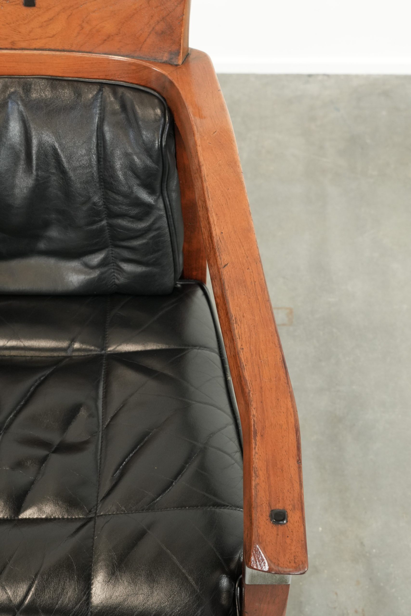 Black leather set of 2 Art Deco design dining/side chairs with armrests