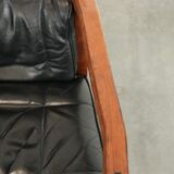 Black leather set of 2 Art Deco design dining/side chairs with armrests