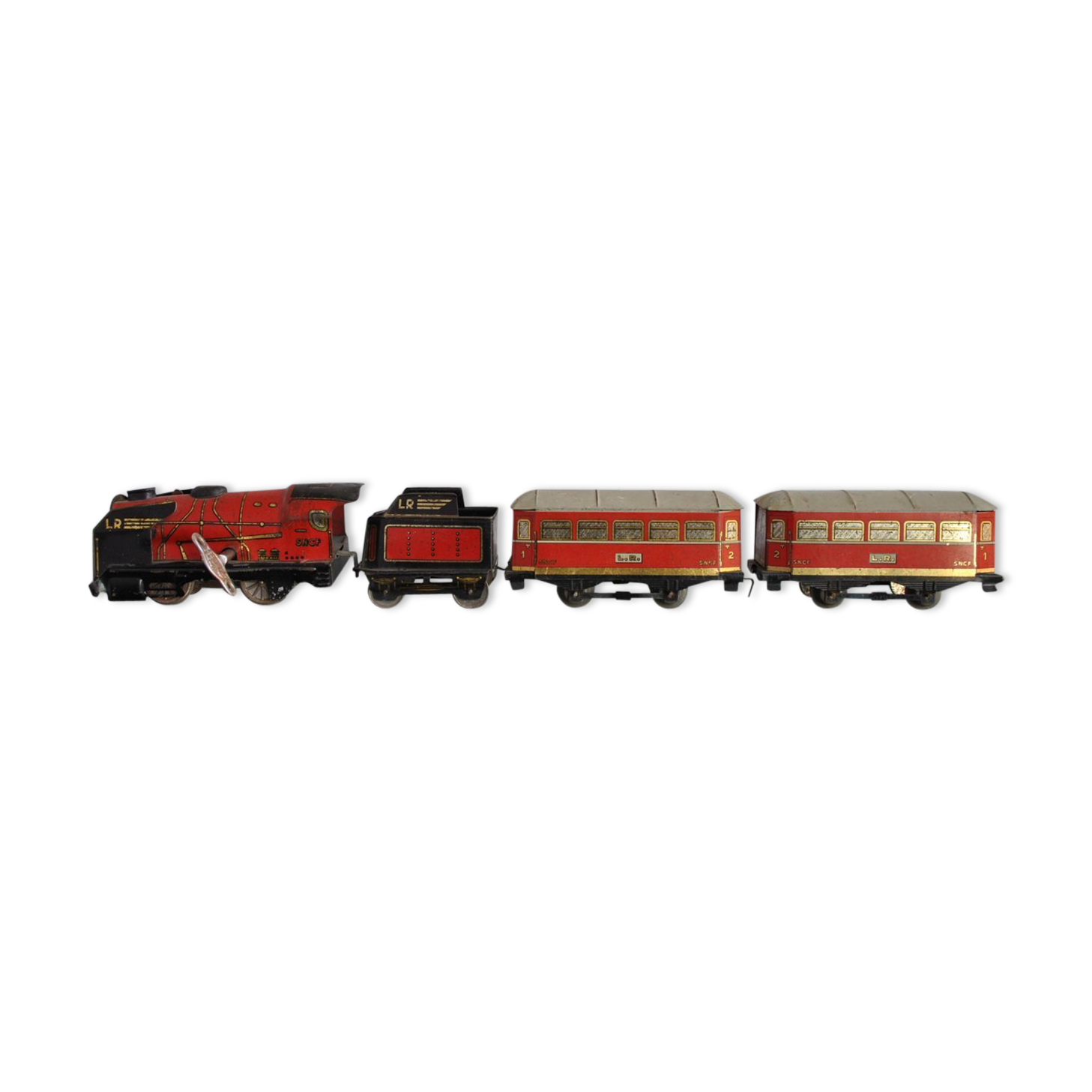 Tin litho brand LR spring-loaded toy locomotive