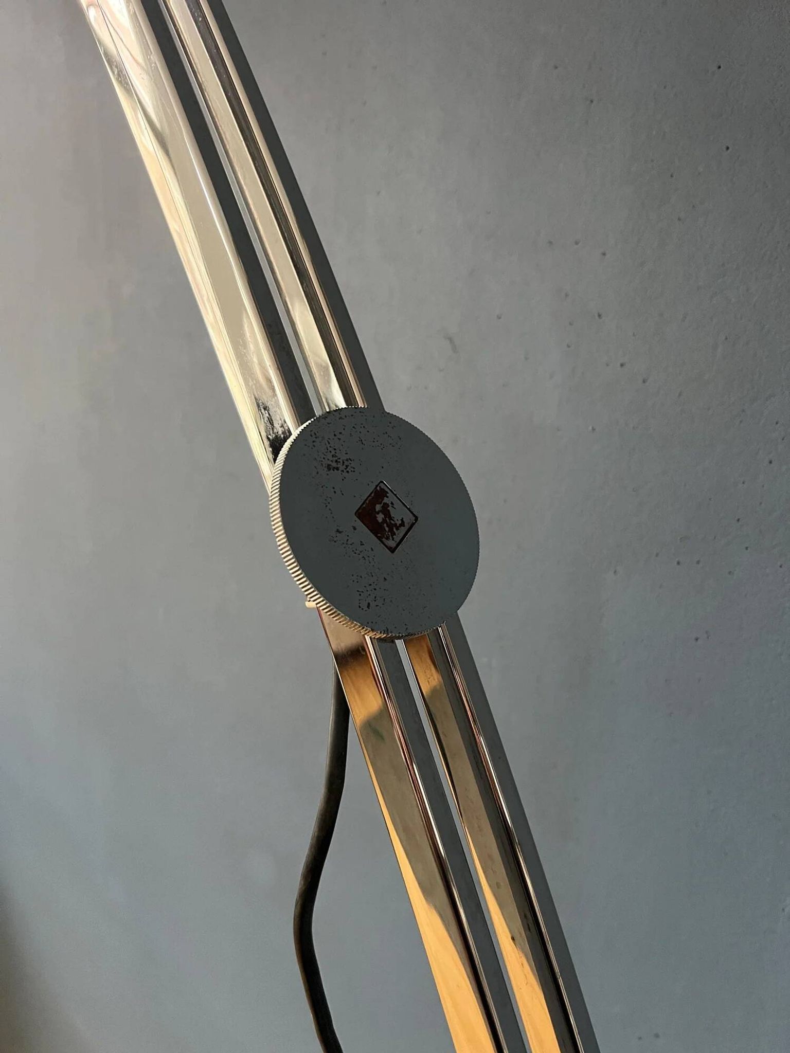 Italian mid-century Goffredo Reggiani arc floor lamp with white plexiglass shade