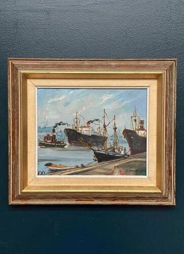 Oil on Canvas “Ships” by Josef Lang, Signed, Vintage & Framed 40×34cm