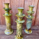 Trio of Tamegroute candlestick holders in enamelled ceramic.