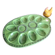 Earthenware egg dish with chicken-shaped salt and pepper shakers