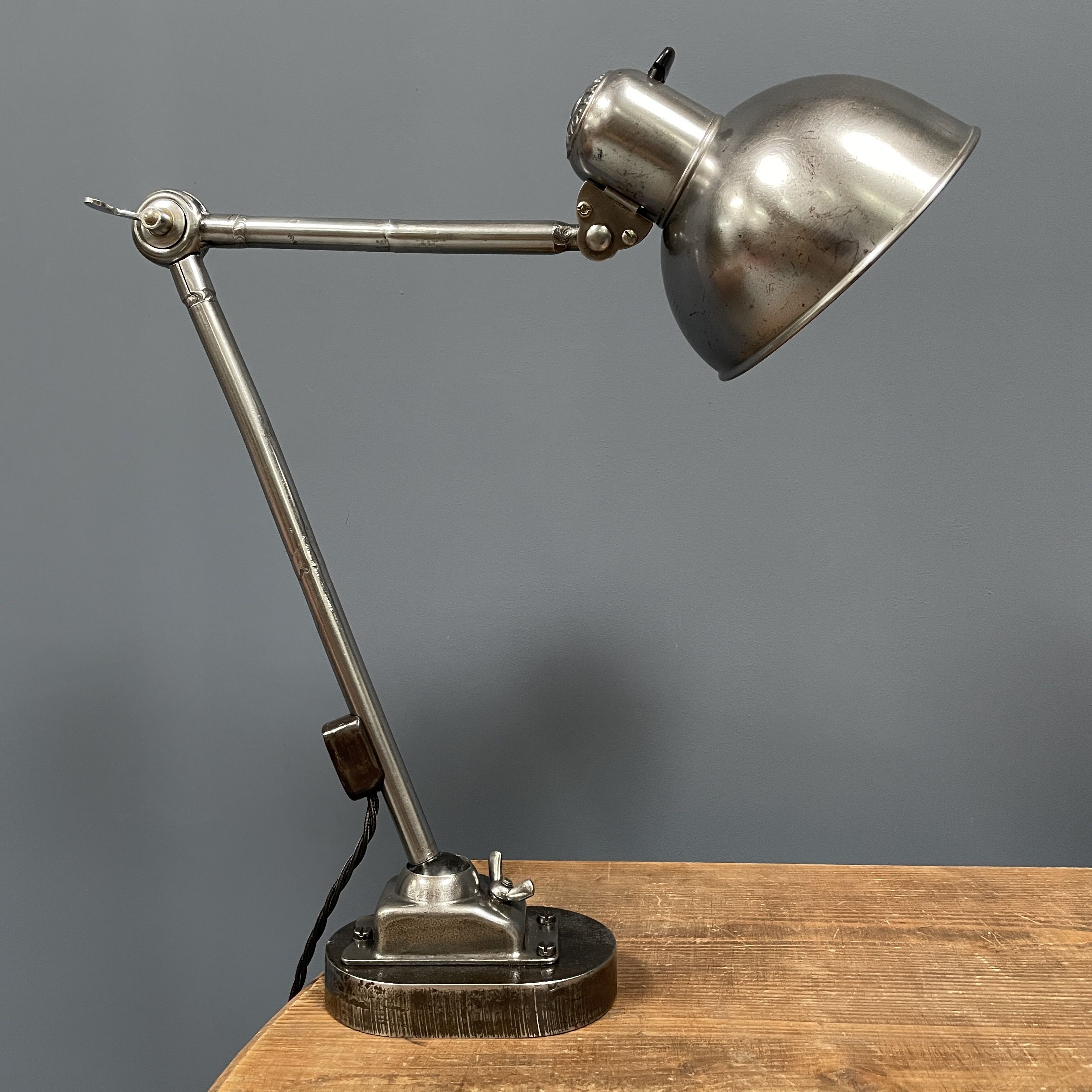 Polished Kaiser idell model 6726 workshop table lamp from the 1930s