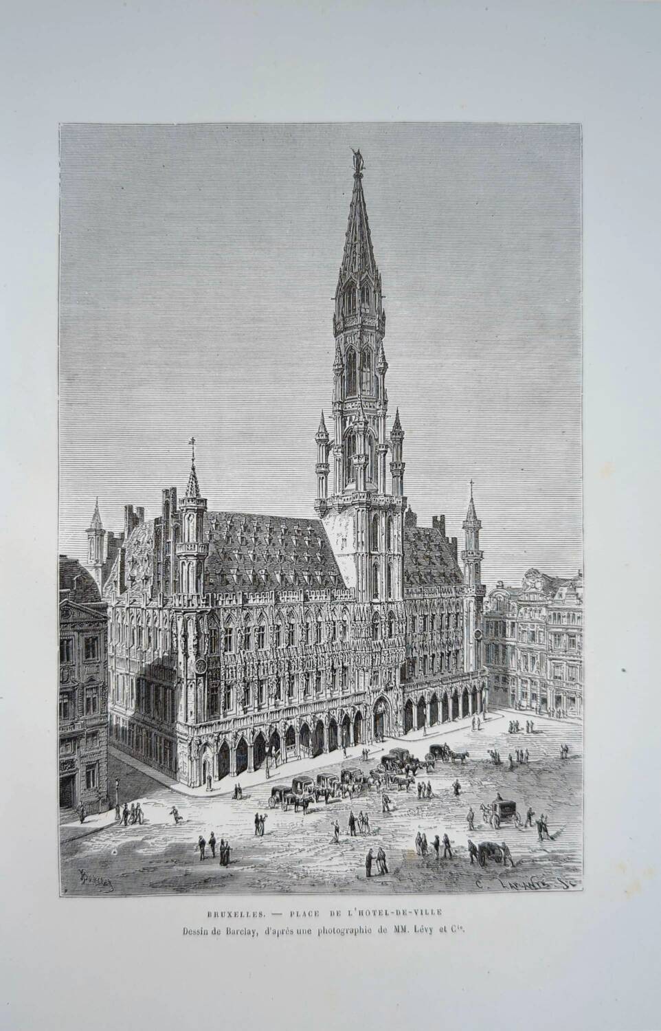 Brussels City Hall, Belgium, printed illustration from 1878.