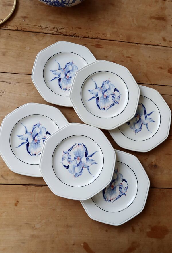 6 assiettes à dessert vintage faïence forme octogonale Moulin des Loups
