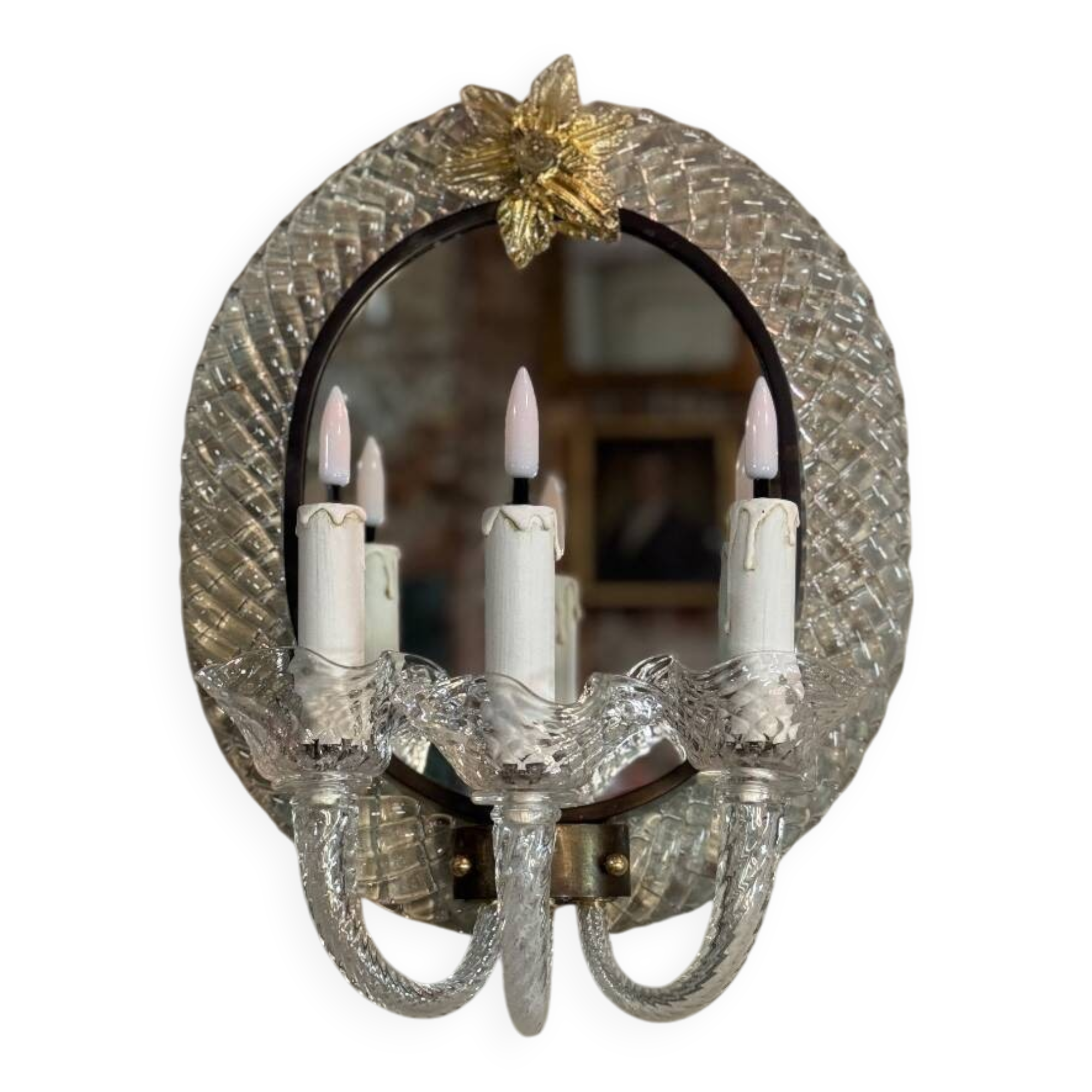 Pair of “trecchia” mirror wall lights, Venice, circa 1950, Murano glass inc.