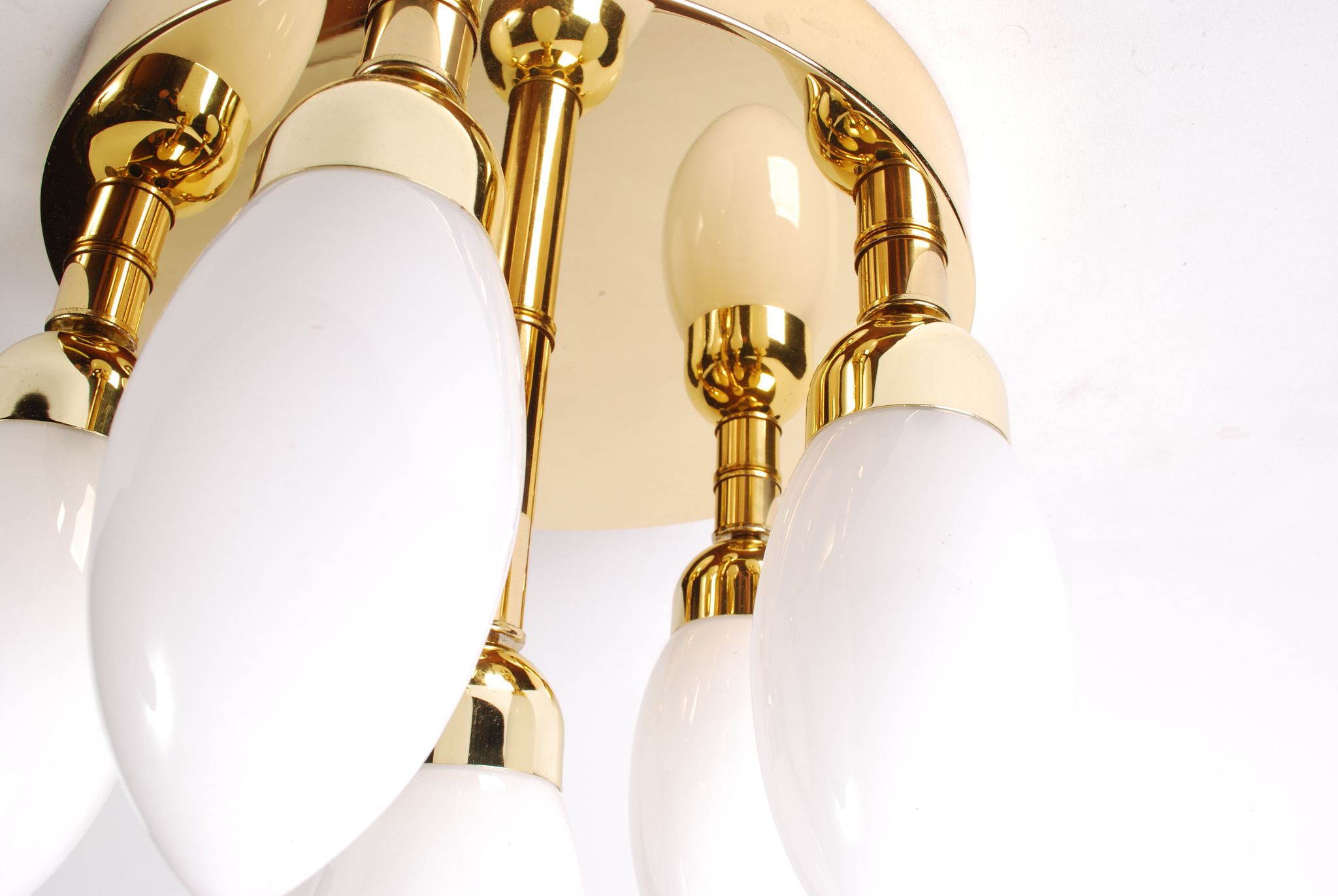 sputnik flush mount, atomic brass ceiling fixture with six opaline cone shaped globes, 1970's