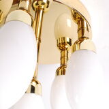 sputnik flush mount, atomic brass ceiling fixture with six opaline cone shaped globes, 1970's