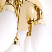 sputnik flush mount, atomic brass ceiling fixture with six opaline cone shaped globes, 1970's