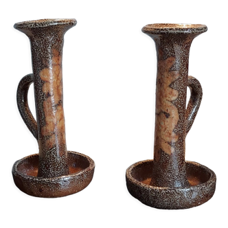 Pair of large stoneware candle holders