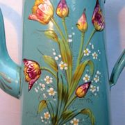 Art Deco coffee maker enamelled sheet metal in relief: Tulips and forget-me-nots on a green background