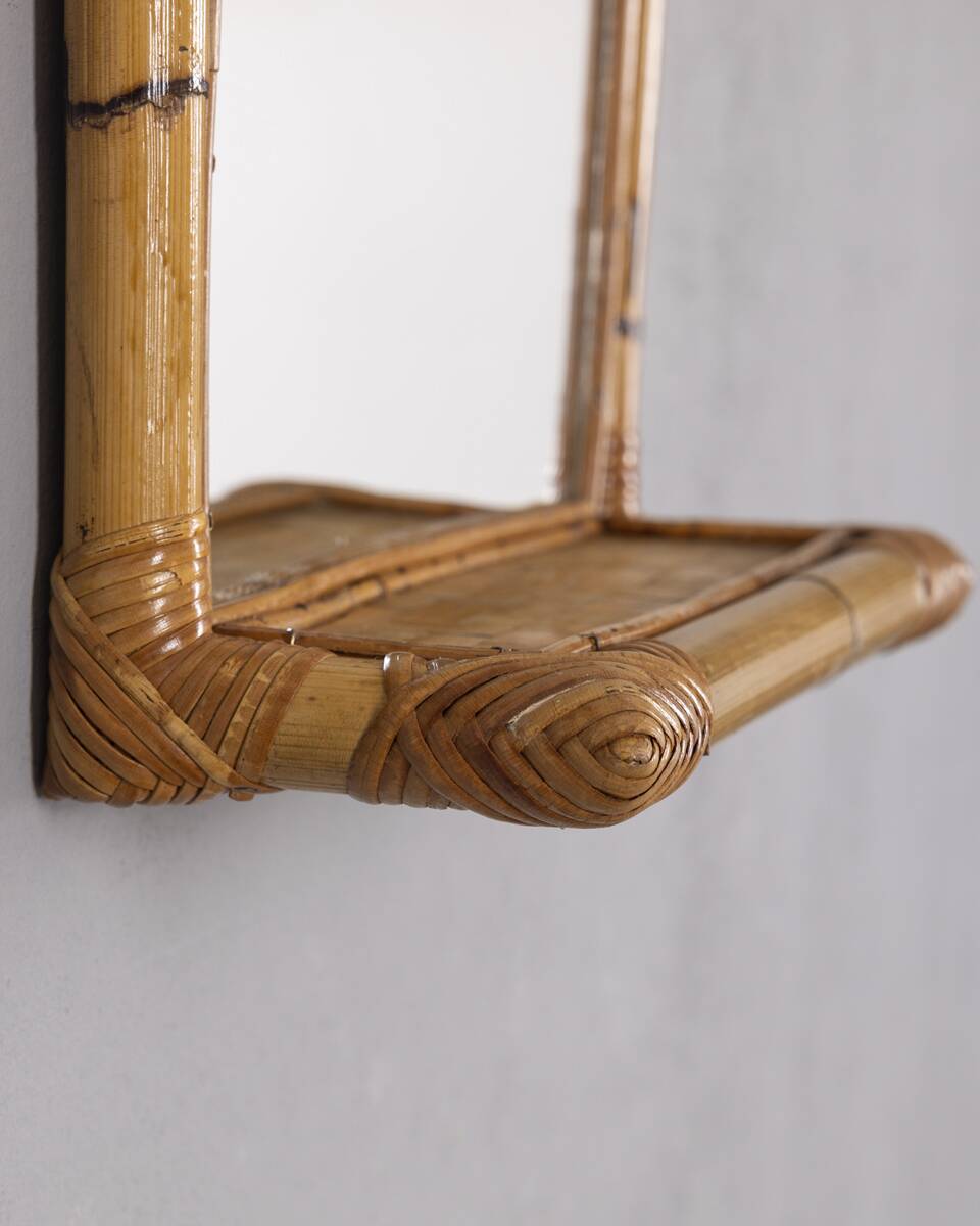 Vintage 1960s Wall Mirror with Bamboo Shelf, Italian Design